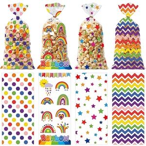 NWT (50) Rainbow Cellophane Treat Bags Polka Dot Star Printed Pattern Favor